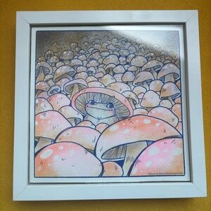 Framed pink and white mushroom risograph print
